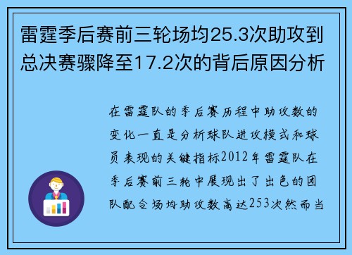 雷霆季后赛前三轮场均25.3次助攻到总决赛骤降至17.2次的背后原因分析